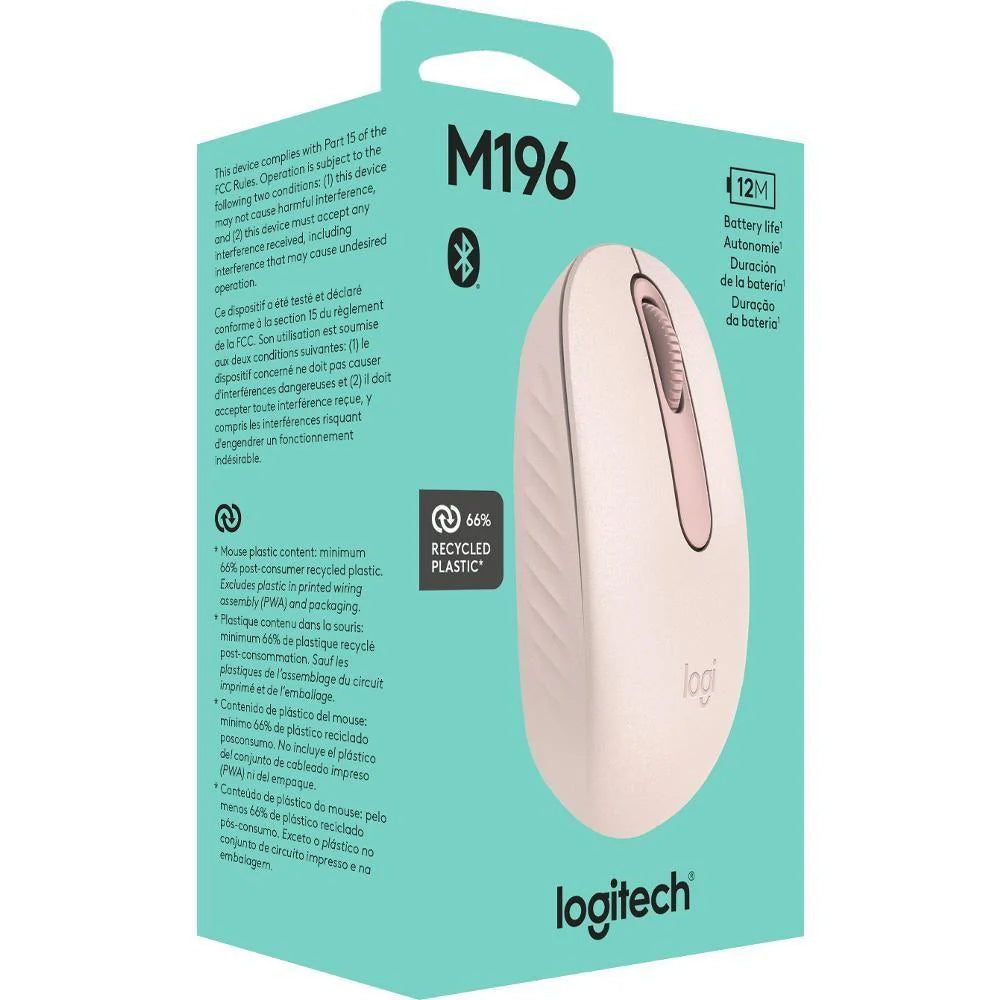 Packaging box of the Logitech M196 Bluetooth Mouse in white color with product details on it.